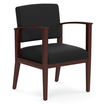 chair with wood frame and black padded cushions